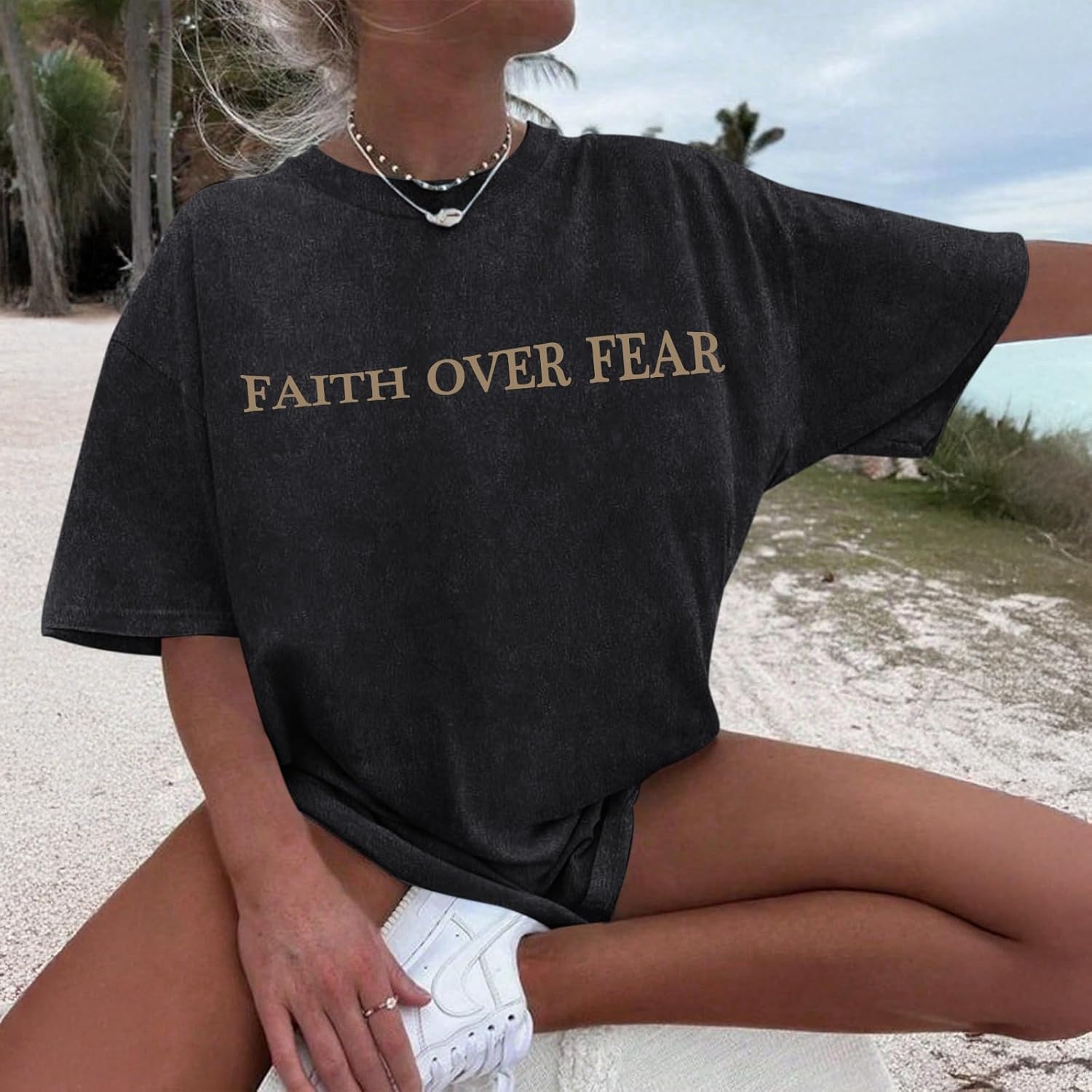 Faith Over Fear Christian Shirts for Women Oversized Jesus God Bible Verse Religious Tees Acid Wash Tshirts Tops - Image 6