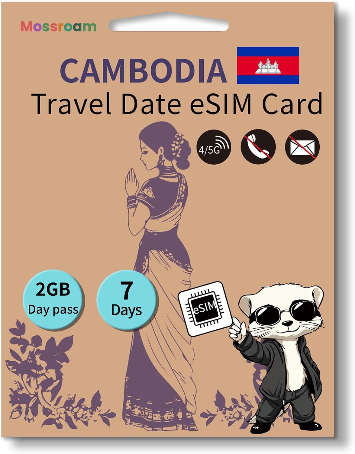 Cambodia Data eSIM Card: Daily 2GB High-Speed Data, 7 Days Prepaid Plan, Hotspot Support,QR Code No Contract, No SIM Card,No Voice Call, No SMS