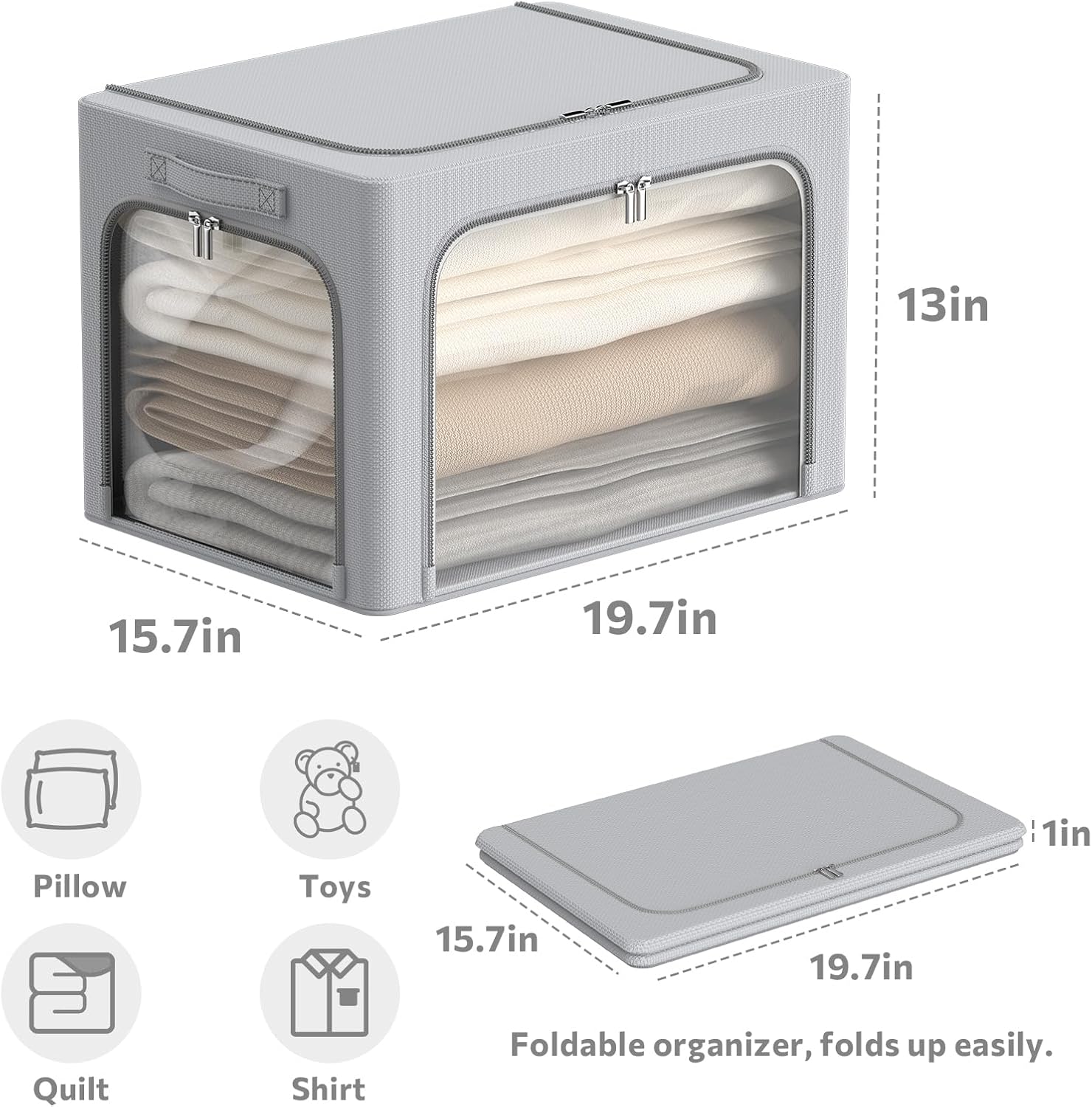 3Pack Clothes Storage Bins - Oxford Frame Storage Box Foldable Stackable Storage Organizer with 3 Openings Design, Metal Frame, Clear Window, Carry Handles (66L-19.7 * 15.7 * 13, Grey)