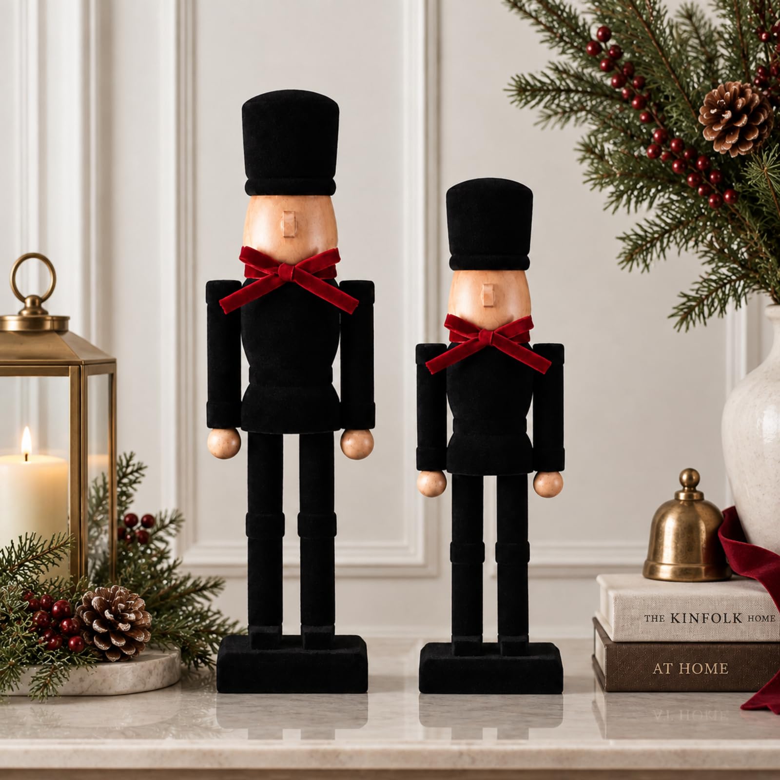 Qunclay 2 Pcs Christmas Wooden Nutcracker Figures with Burgundy Velvet Bow