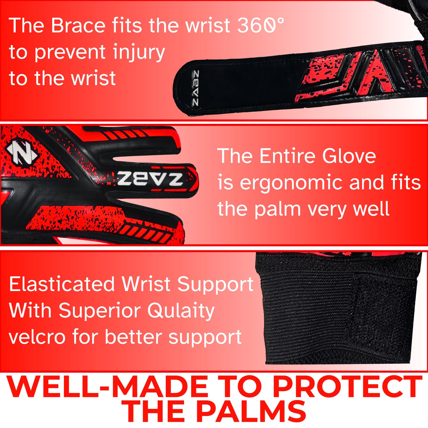 ZABZ Goalkeeper Gloves Non-slip Latex Material Soccer Goalie Football Goalkeeping Gloves Wrist Protection For Kids Youth and Adults (Red, Size 4 - Suitable for 6-9 Years) - Image 2