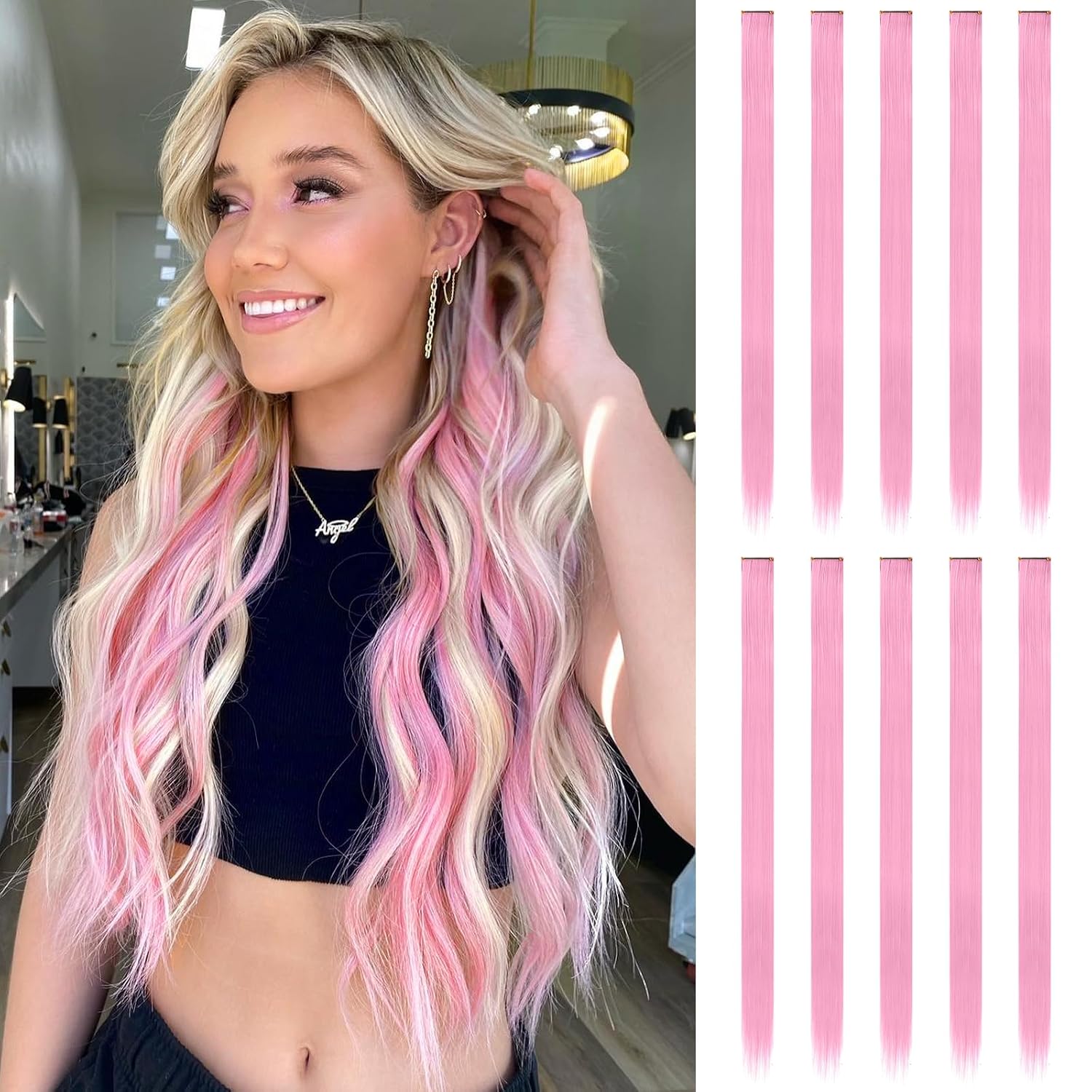FESHFEN Colored Clip in Hair Extensions - 10 PCS Pink Highlighted Hair Piece Straight Synthetic Clip in Hairpieces for Women 22 inch