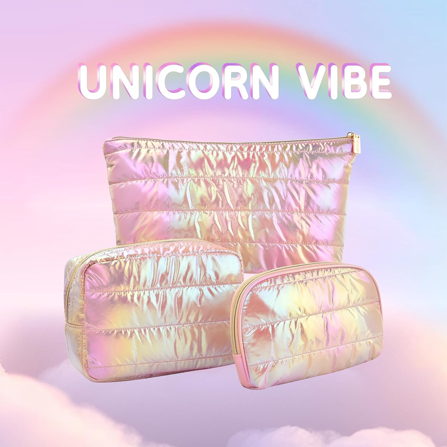 Hiroyuki Iridescent Quilted Makeup Bag, 3pcs Cute Makeup Bag Set, Large Capacity Cosmetic Organizer Travel Toiletry Pouch (plain, pink) - Image 9