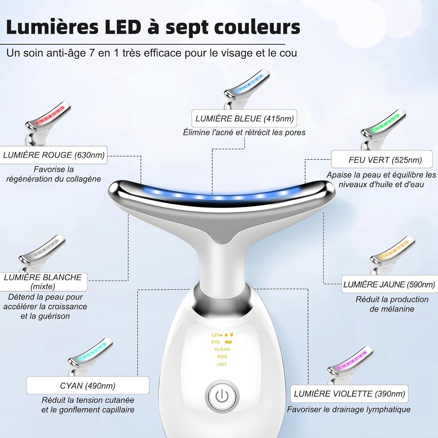 Appareil Anti Rides Visage & Cou EMS 7 LED + Masseur Oculaire Inclus – Lifting Visage, Double Menton, Poches & Cernes – 3 Modes EMS et Chaleur 45°C