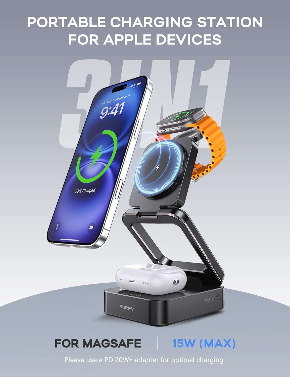 RORRY 3 in 1 Portable Charger for Apple, 5000mAh Power Bank with Built-in Cables& 10000mAh Foldable Charging Station