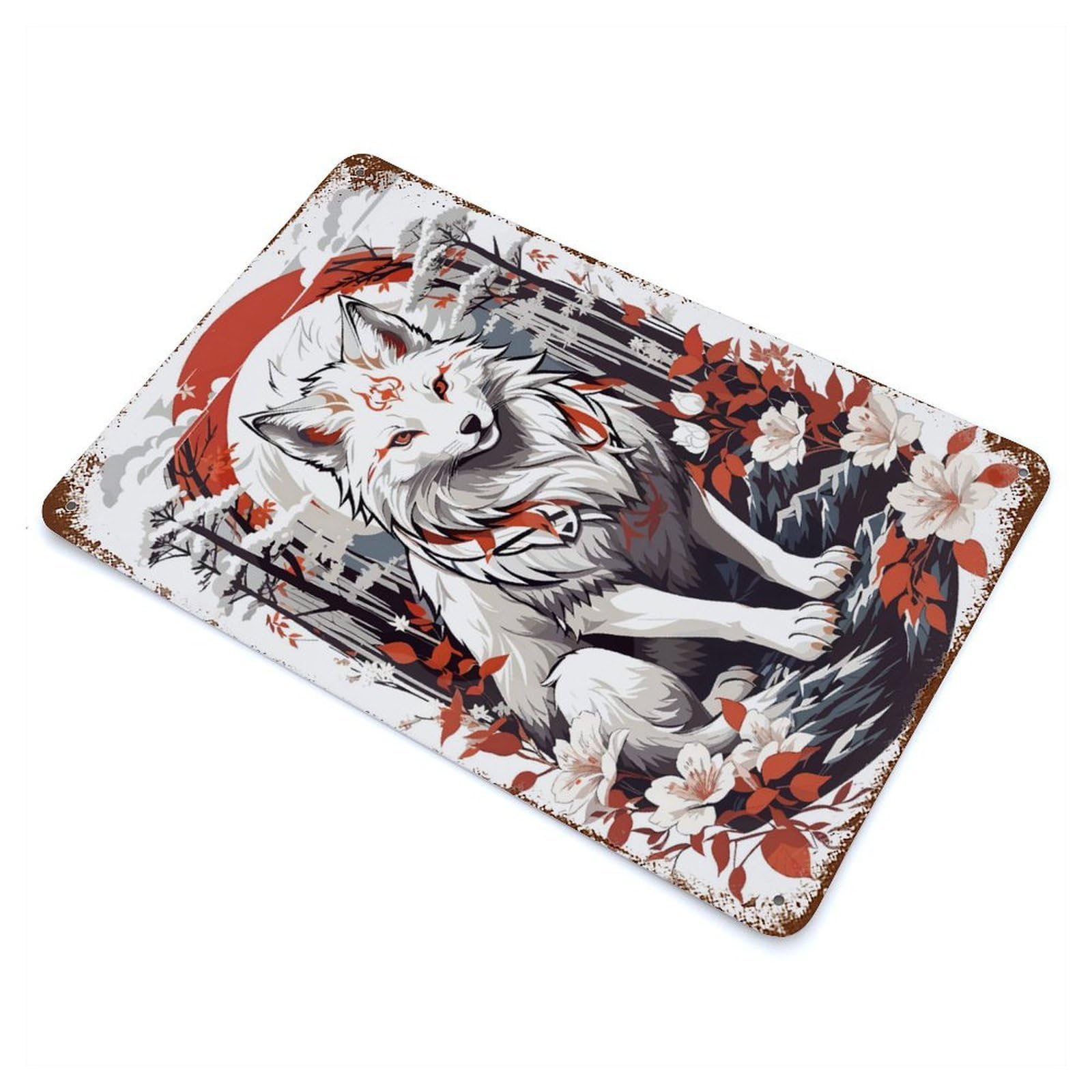 Garage Style Kitsune Fox Mask Distressed Metal Wall Sign 11.8"x7.9", Vintage Wall Decor for Bar And Workshop