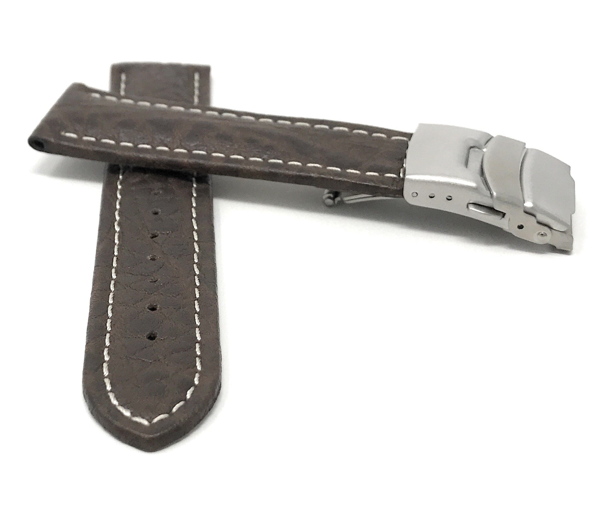 Bandini 22mm Mens Italian Leather Watch Band Strap - Brown - Deployment Clasp Buckle - White Stitch