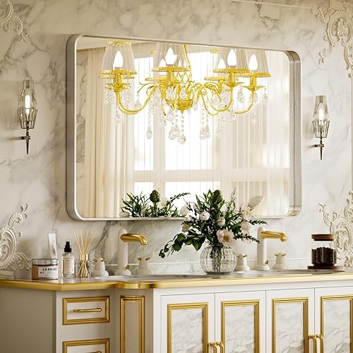 Espejo de baño de 20 x 30 pulgadas, hermoso espejo de pared de marco profundo, moderno espejo de tocador de baño de esquina redonda para dormitorio,