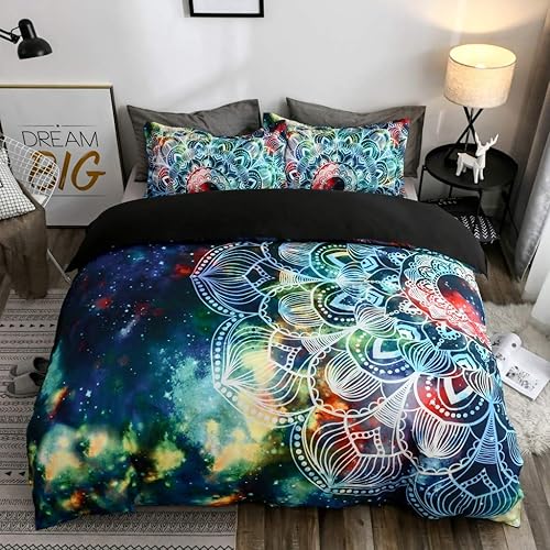 Abojoy - Juego de funda de edredón de galaxia, diseño floral rústico con mandala, tamaño Queen, espacio exterior bohemio, color azul, Microfibra,