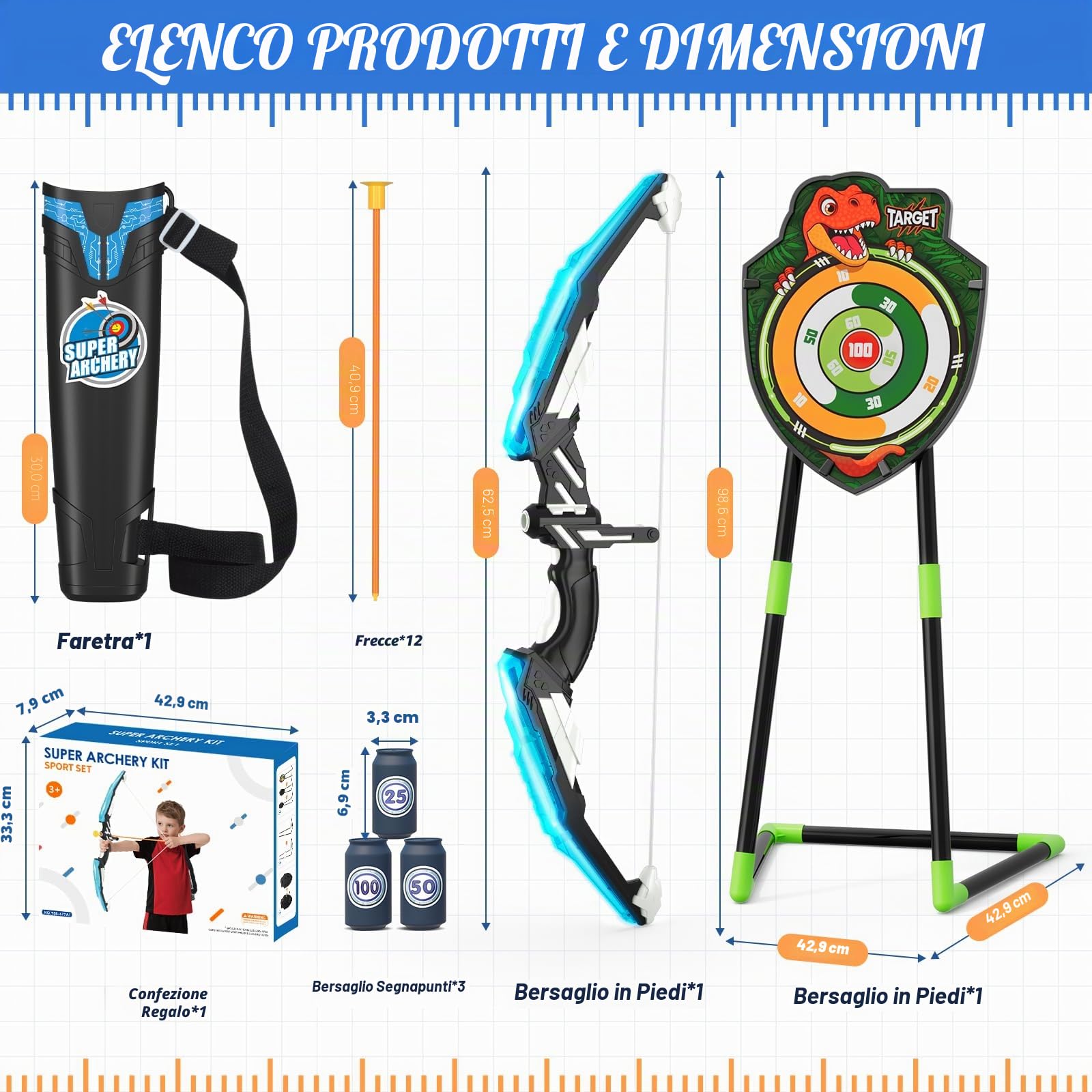 HYES Arco e Frecce per Cambini con Luci LED, Set di Tiro Giocattoli con Frecce e Arco, Ventosa Frecce, Bersaglio, Supporto Freccia, Regalo per Interni ed Esterni