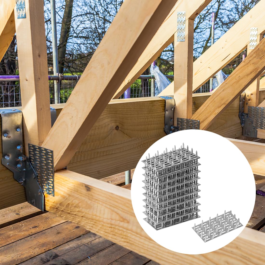 Pronged Truss Plate Flat Mending Plates with Nail Teeth Galvanized Steel Repair Tie Plate Bracket 1 mm Thick 8mm High for Roofing Trusses Wood Timber Connectors (2”x4” - Image 4