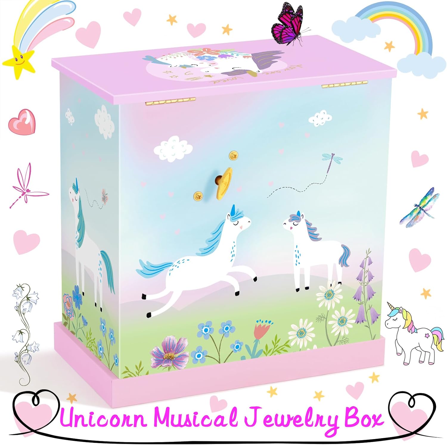 RR ROUND RICH DESIGN Big Music Jewelry Box for Girls with 3 Drawers and Lagrge Storage Paired Foil Gold Unicorn Theme Spinning Playback the Tune for Beautiful Dream Song Pink-Green