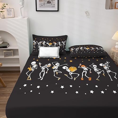 Miniatura 117 de Sábanas de Halloween tamaño individual – Juego de sábanas espeluznantes de calabaza murciélago para niños y niñas, juego de sábanas temáticas