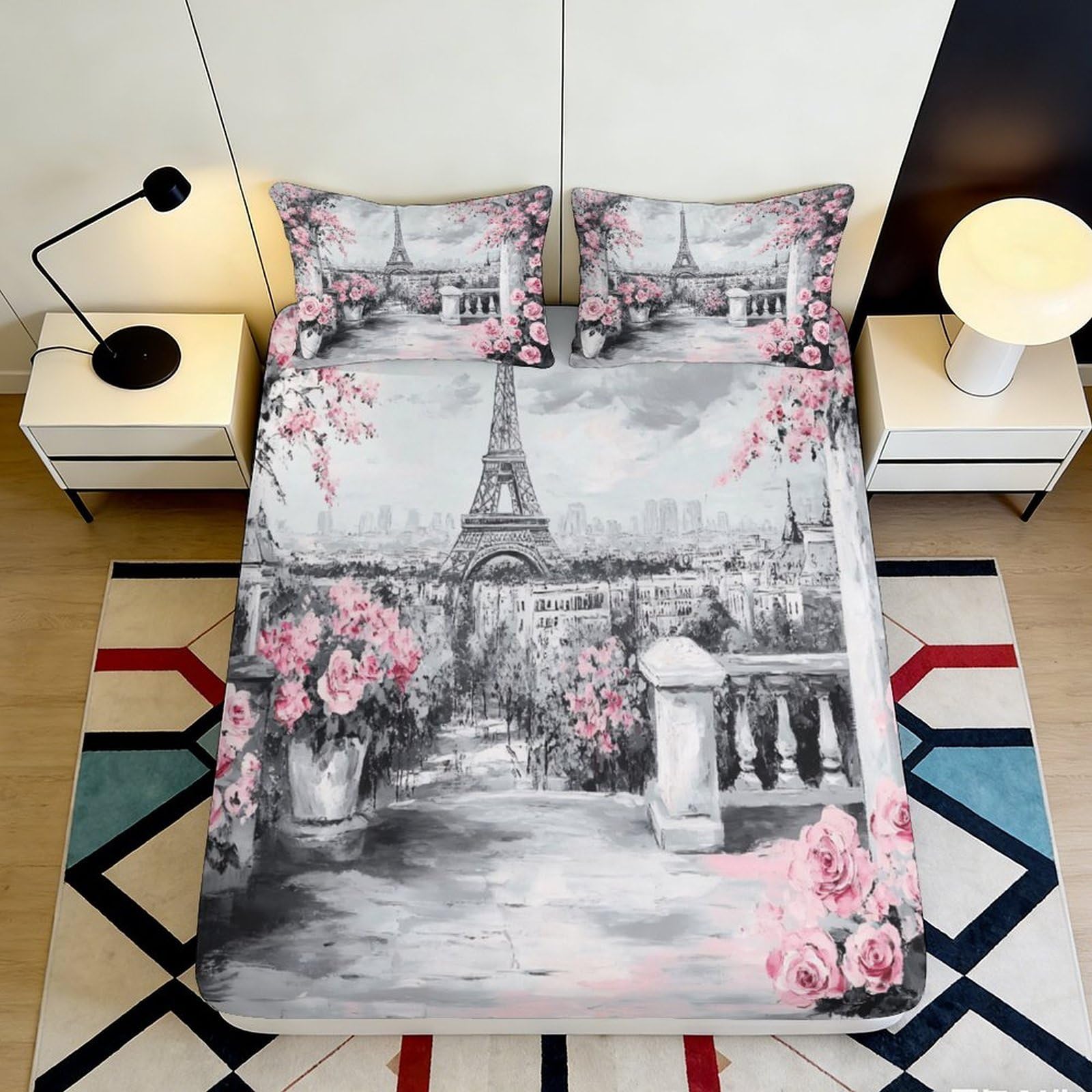 3D Printed Eiffel Tower Paris Fitted Sheet Microfiber Pink Floral Mattress Cover Bedroom Décor Anti-Slip Washable 180x200x25cm
