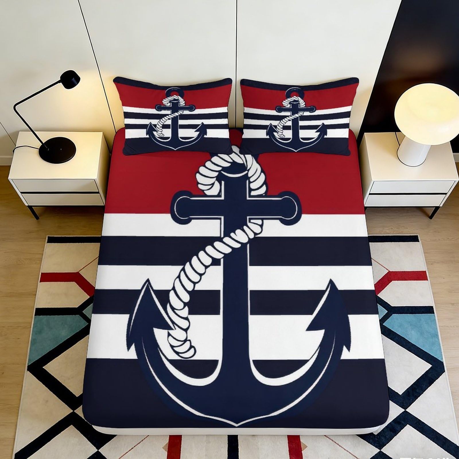 3D Printed Nautical Anchor Fitted Sheet Microfiber Soft Navy Red Stripe Mattress Cover for Bedroom Guestroom Decor 90x200x25cm