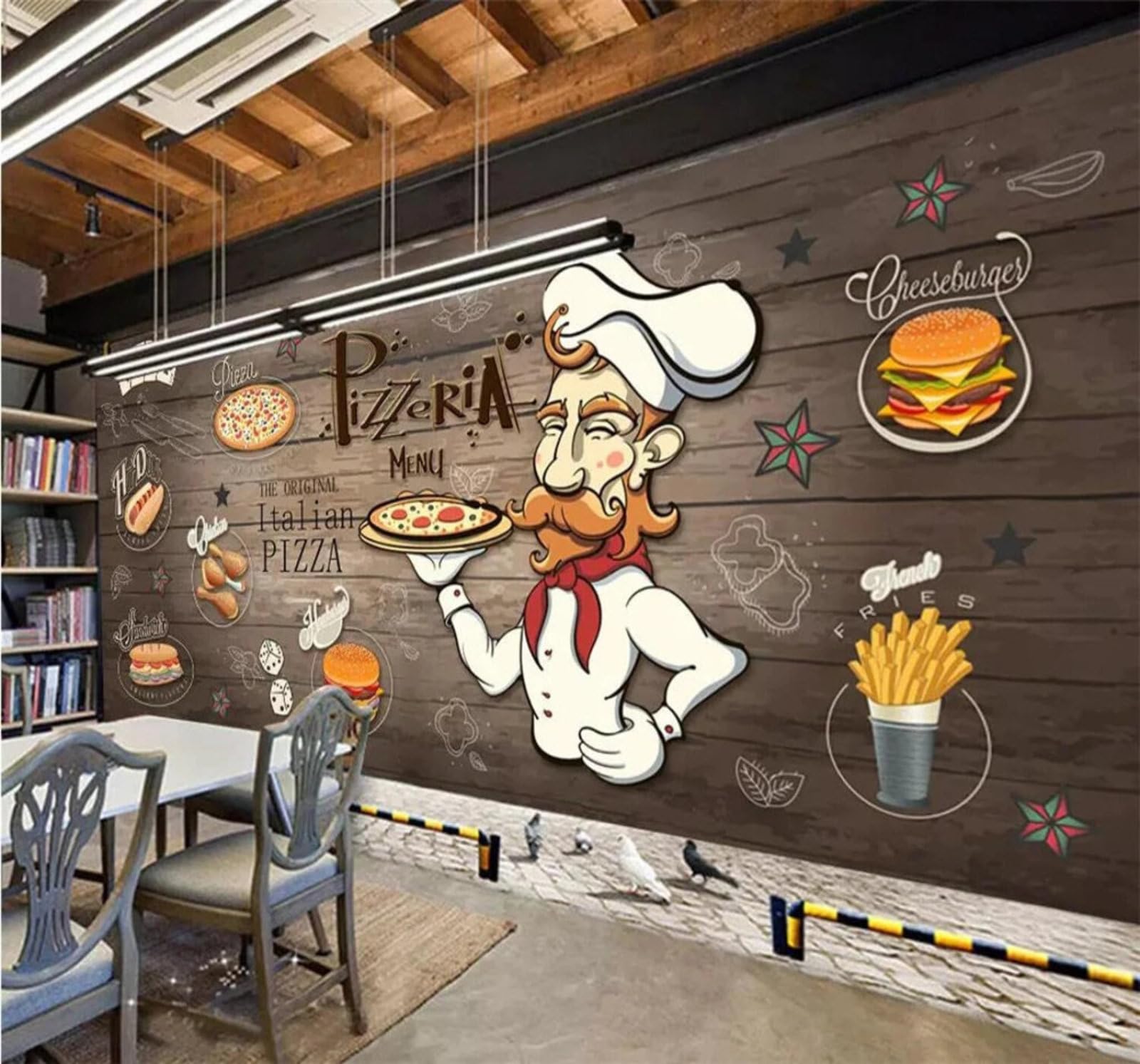 Hand Drawn Wood Grain Pizza Restaurant People 3D Wallpaper Easy Install Feature Office Living Room Sofa Bedroom TV Background Wall Decoration-150cm×105cm