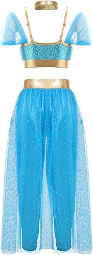 Miniatura 2 de Agoky Disfraz de princesa árabe para niñas, disfraz de Halloween con lentejuelas, vestido de danza del vientre, jazmines, cosplay, disfraz, 3 piezas