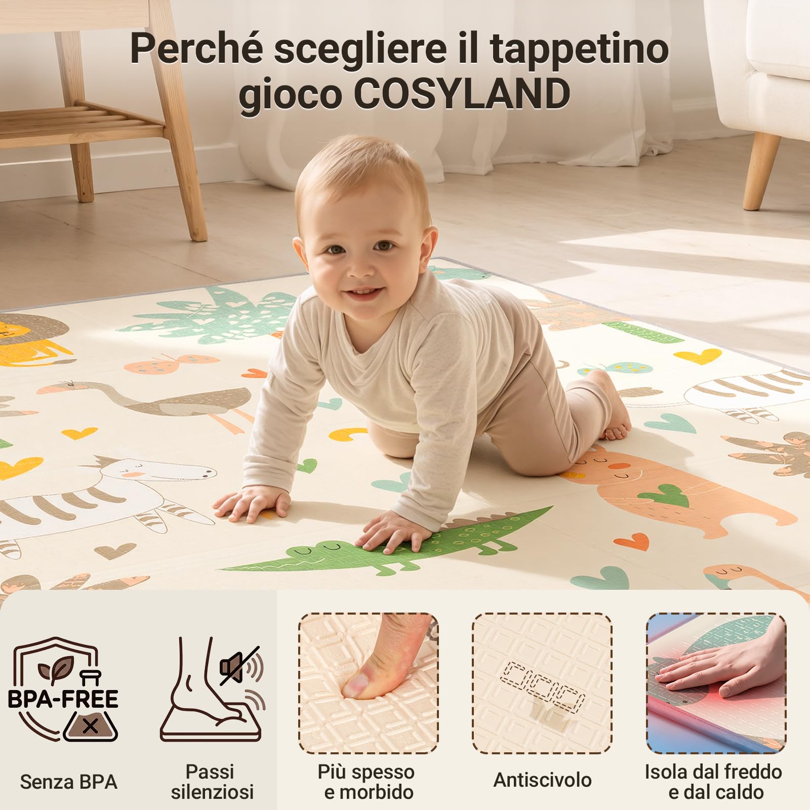 COSYLAND Tappeto Gioco Bambini Pieghevole Neonato - Tappeto Gioco Neonato Impermeabile Morbido 150 x 180 x 1cm,Tappetino per Attività, Schiuma Sicura, Reversibile, Regalo Bambino (Animali)