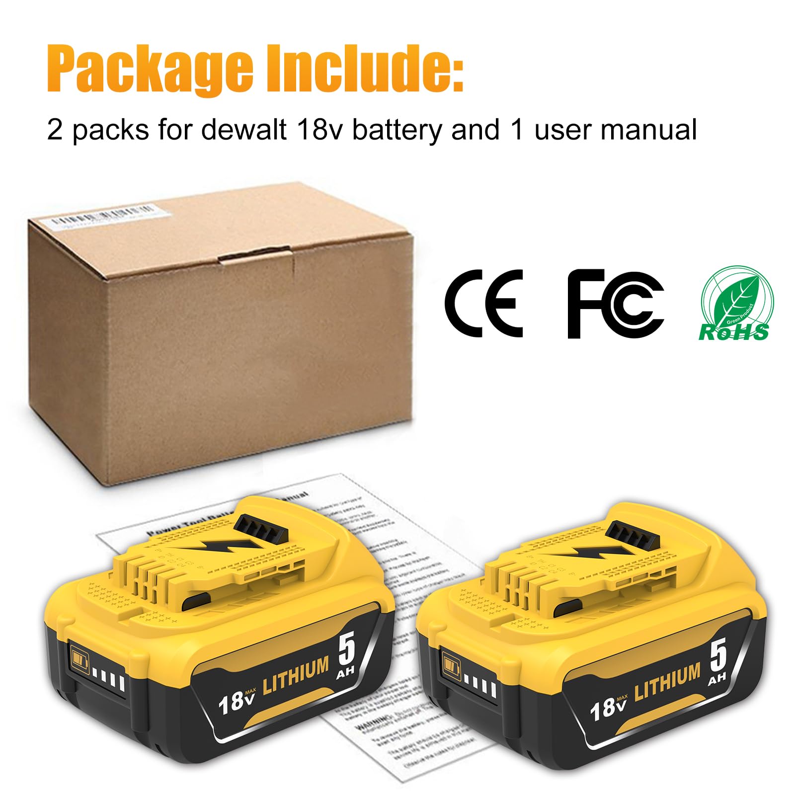2 piezas de 18 V 5.0 Ah de repuesto para batería Dewalt DBC200 DBC201 DBC203 DBC204 DCB180 DCB181 DCB182 DCB183 DCB184 DCB185 DCB-184B-XJ con indicador LED