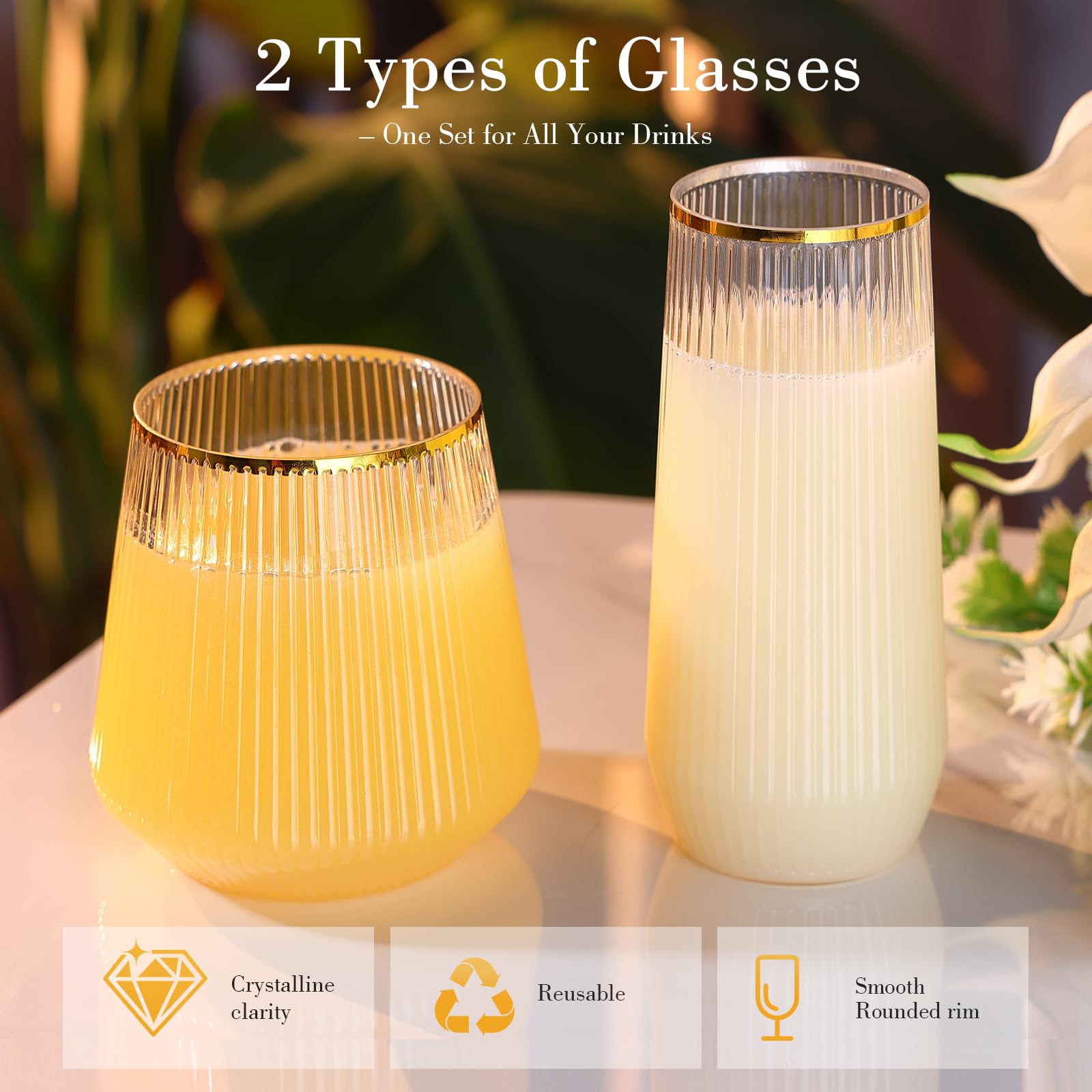 48 Pack Ribbed Plastic Wine Glasses – 24 x 9oz Stemless Champagne Flutes & 24 x 12oz Disposable Wine Glasses – Elegant Disposable Plastic Cups with Gold Rim – BPA-Free Drinkware for Weddings, Parties — Amazon image 4
