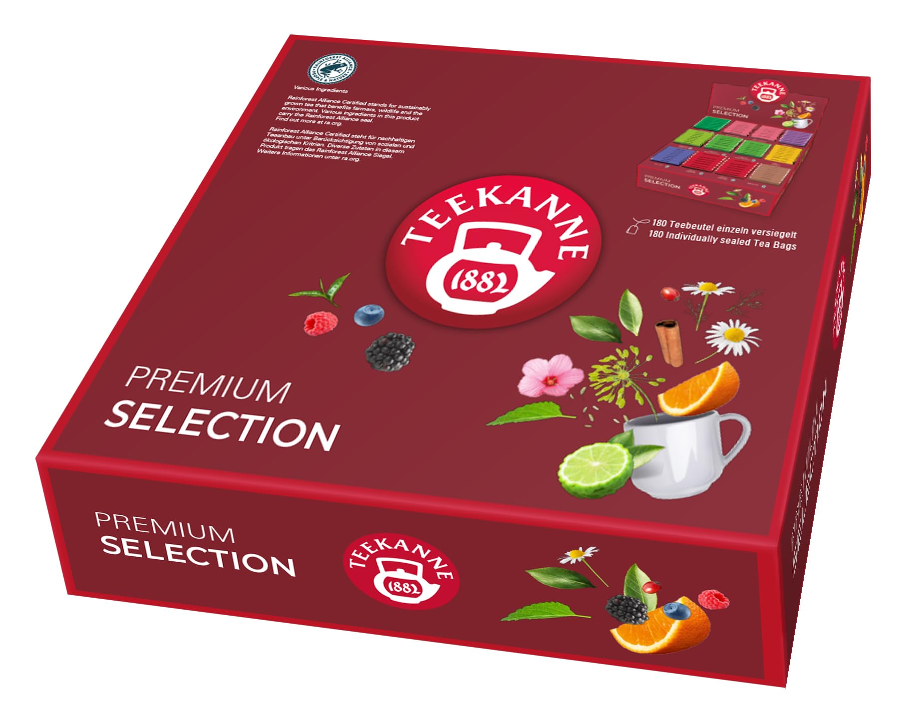 TEEKANNE Tee Sortimentsbox 180 Beutel, Premium Geschenkidee – 9 Sorten Schwarztee, Kräutertee & Früchtetee – English Breakfast, Earl Grey, Grüntee, Pfefferminze, Kamille – Rainforest Alliance