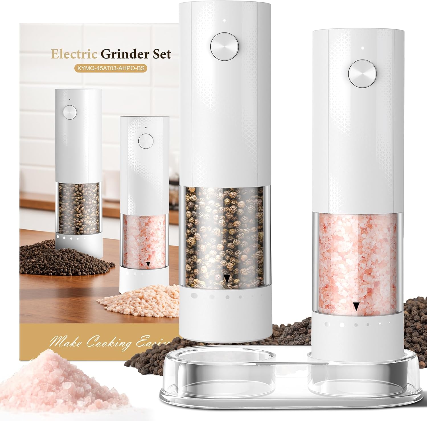 Electric Salt and Pepper Grinder Set – Rechargeable Automatic Salt and Pepper Shakers, Kitchen Appliances with External Adjustable Coarseness, Larger Hopper for Christmas Gifts(2 Pack,White/White) Electric Salt and Pepper Grinder Set – Rechargeable Automatic Salt and Pepper Shakers, Kitchen Appliances with External Adjustable Coarseness, Larger Hopper for Christmas Gifts(2 Pack,White/White)