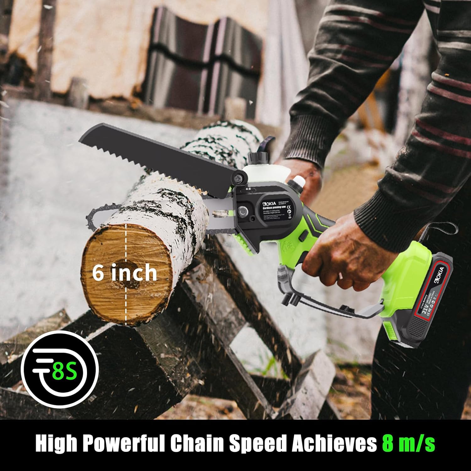 AOKIA Mini Chainsaw attached to telescopic pole