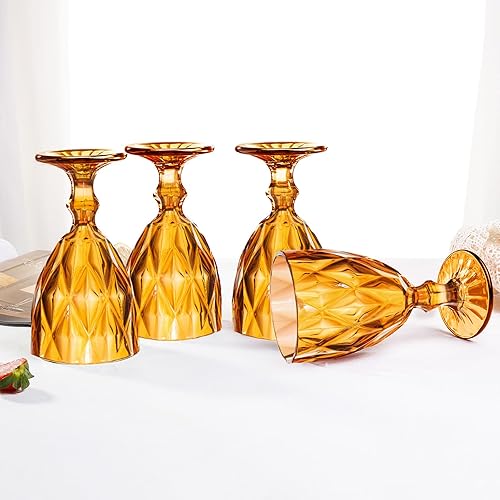 Miniatura 2 de Juego de 4 copas de vino vintage, copas de agua reutilizables de plástico de 12 onzas, copas de vino de tallo irrompibles con patrón único en