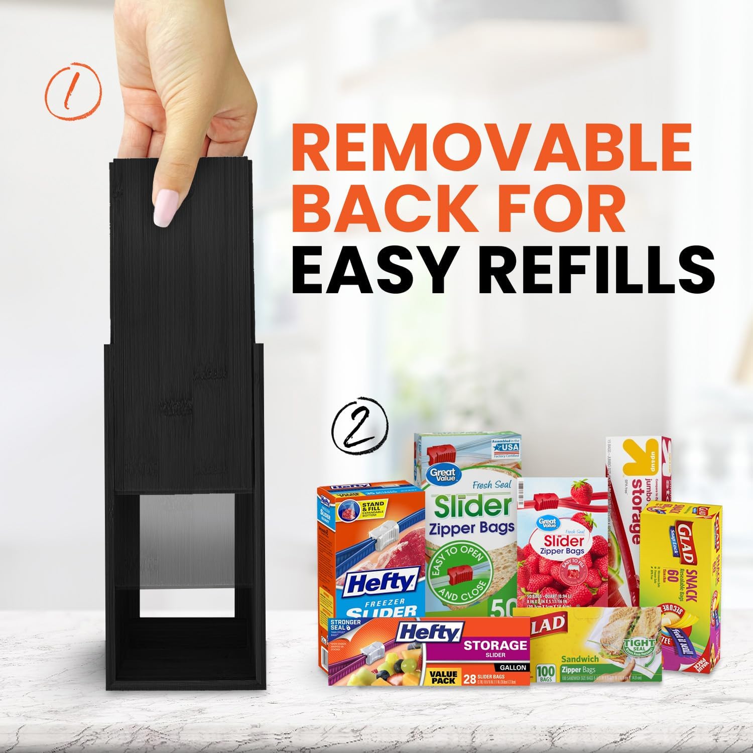 Bag Storage Organizer - Bamboo Food Plastic Baggie Holder, Dispenser, and Container for Kitchen Drawer - Fits Major Brand's Gallon, Quart, Sandwich & Snack Sized Slider Bags (Black) - Image 5