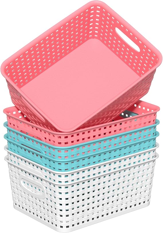 Colorful Plastic Storage Baskets, Plastic Weave Basket, 6 Packs (Pink Blue White)