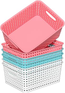 Colorful Plastic Storage Baskets, Plastic Weave Basket, 6 Packs (Pink Blue White)