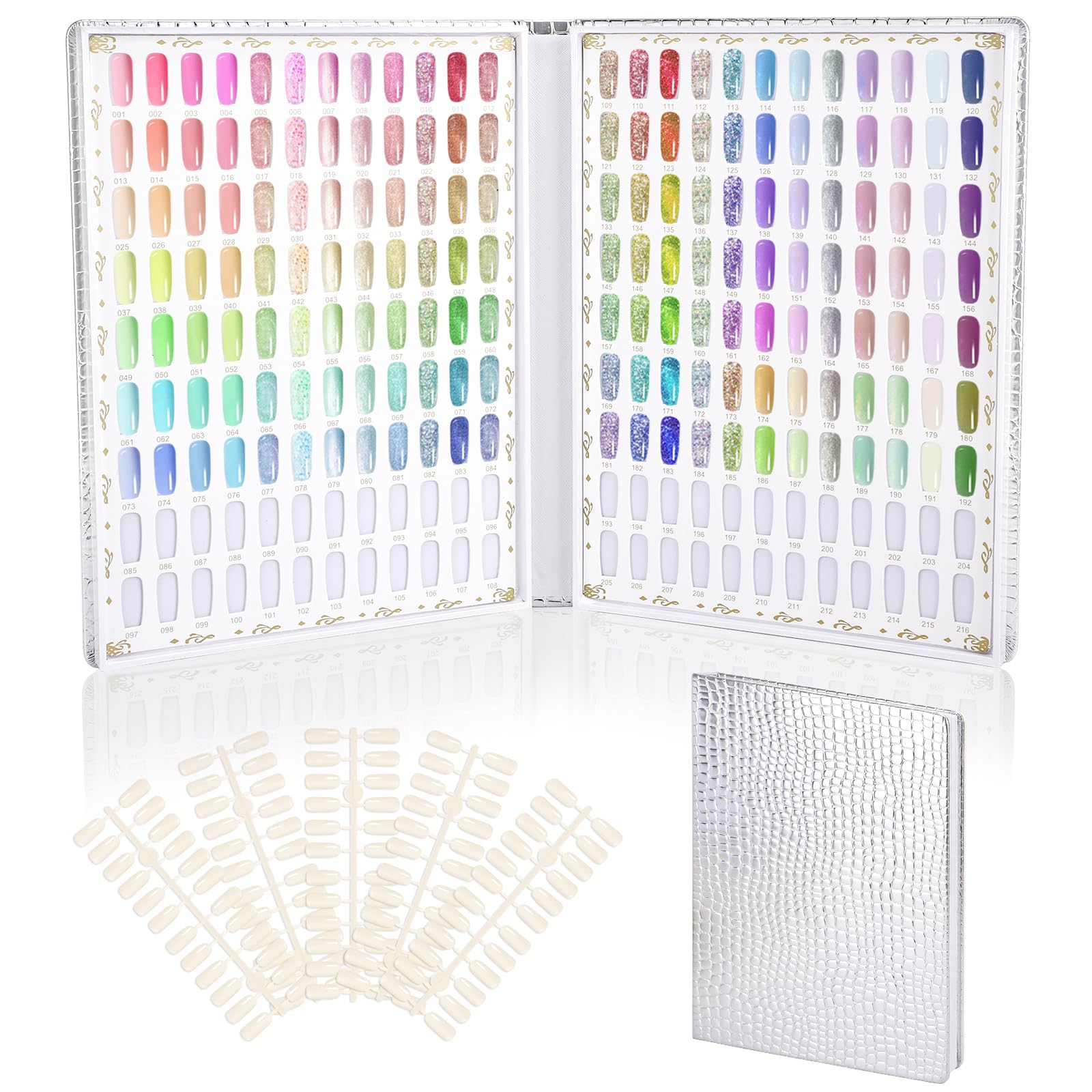 Segbeauty Espositore per Unghie, Libro per Unghie Espositore con 216 Slot per Punte per Unghie e 240 Unghie Finte, Nail Art Che Mostra Mensola, Accessori Unghie (Argentato)