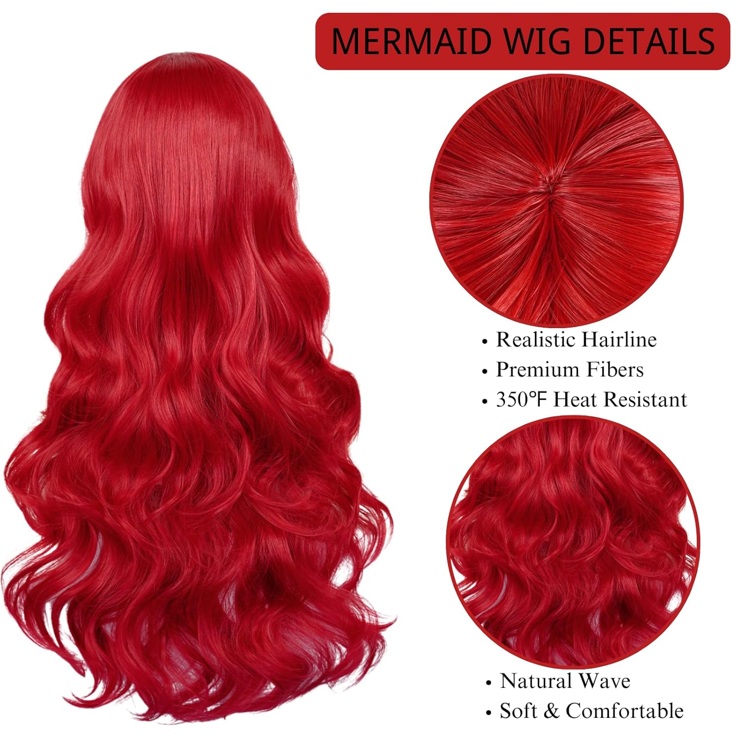 Red Mermaid Wigs for Women, Long Red Body Wave Wig+ Wig Cap for Little Mermaid Costume Halloween Cosplay - Image 4