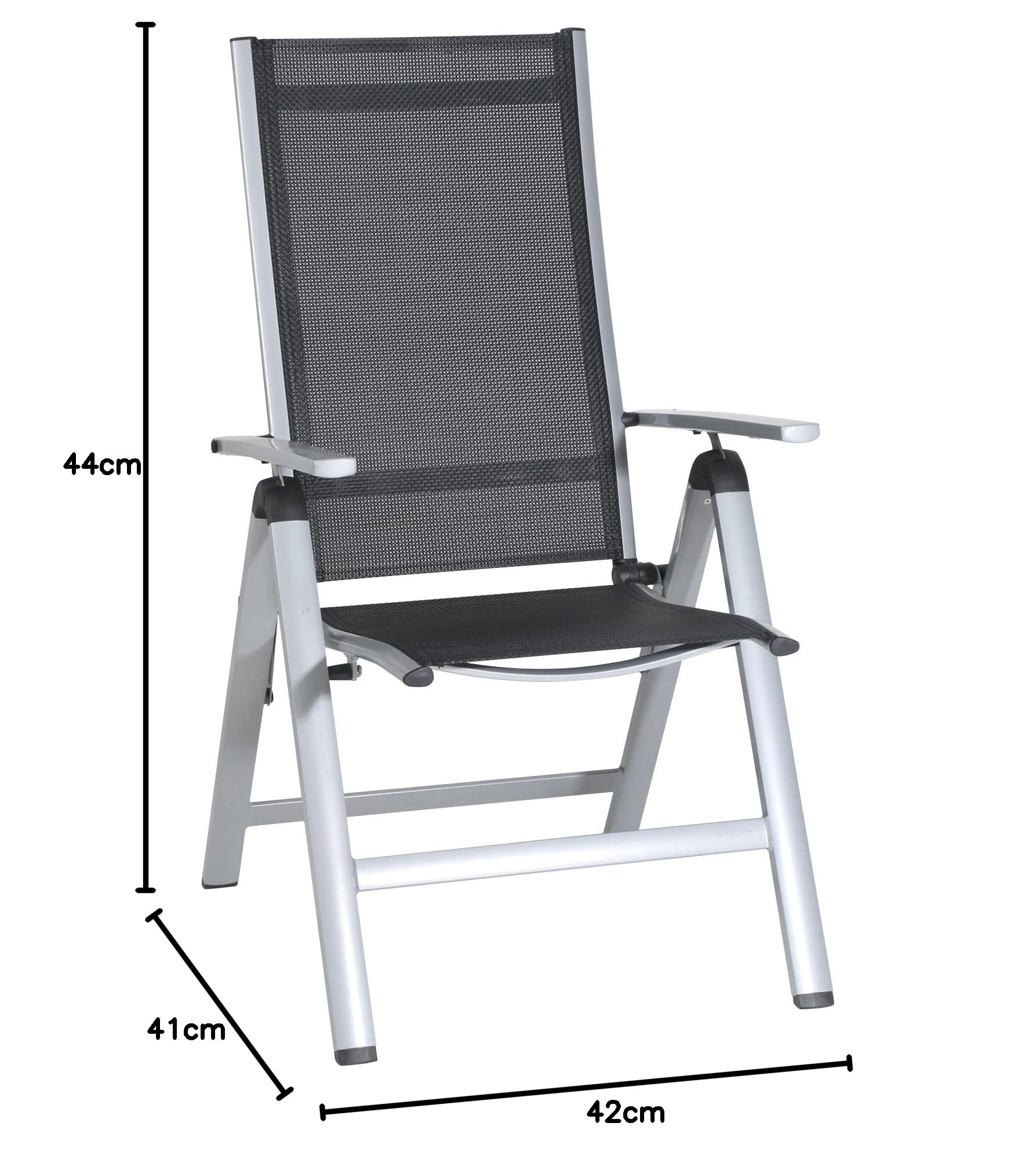 greemotion Silla de Jardín Plegable Monza, Silla Abatible de Aluminio y Textilene, Sillón de Balcón Respaldo Reclinable con 8 Posiciones, Plateado/Negro