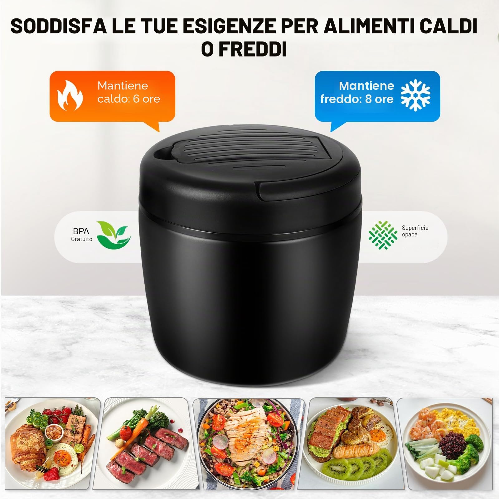 Termos per Alimenti 1200 ml, Contenitore Termico per Alimenti Caldi, Portapranzo Termico Acciaio Inossidabile con Sacchetto Isolante e Cucchiaio, Portavivande per Zuppa, Pasta (Nero)