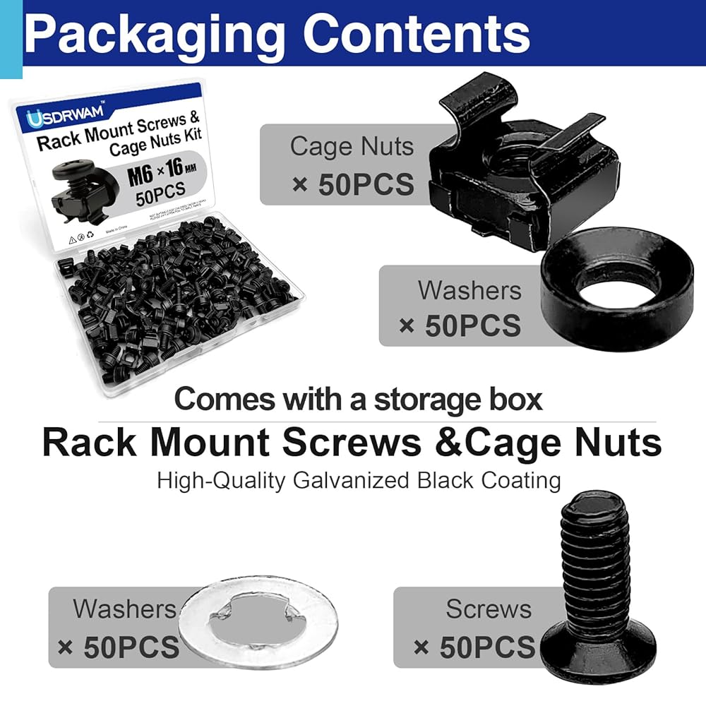 50-Pack M6 x 16mm Rack Mount Kit with Cage Nuts & Screws for Server Racks & Cabinets view 3