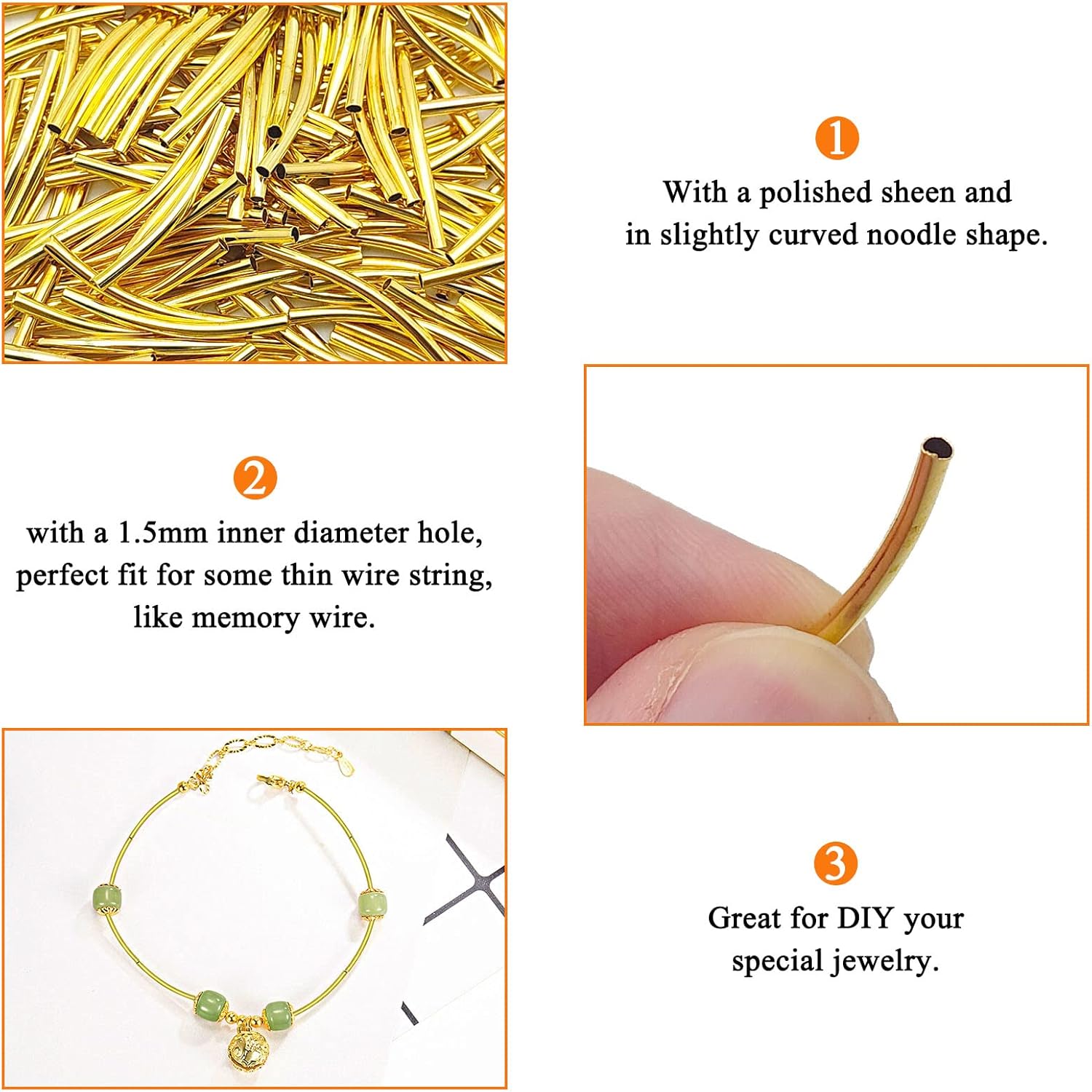 200pcs Noodle Tube Spacer Beads Curved Noodle Tube Brass Tube Spacer Beads Tarnish Resistant Noodles Beads Twist Long Curved Noodle Tube Spacer Beads for DIY Bracelet Jewelry Making(Gold,25mm) - Image 3