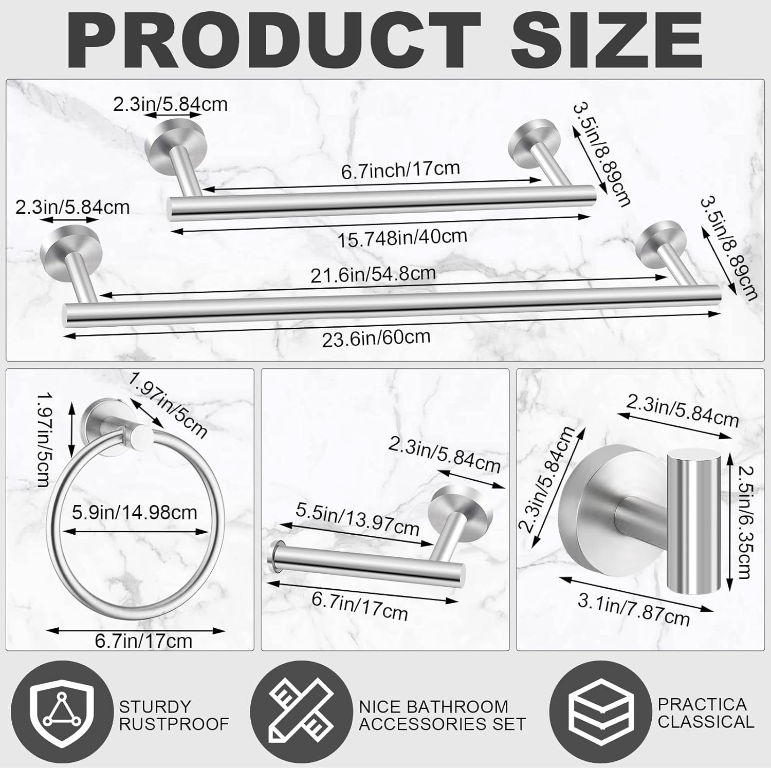 Gisafai 25 Pcs Silver Bathroom Accessories Hardware Set Towel Racks for Bathroom SUS304 Stainless Steel 23.6 Inch Brushed Towel Bar Ring Toilet Paper Holder Robe Hooks for Wall Mounted