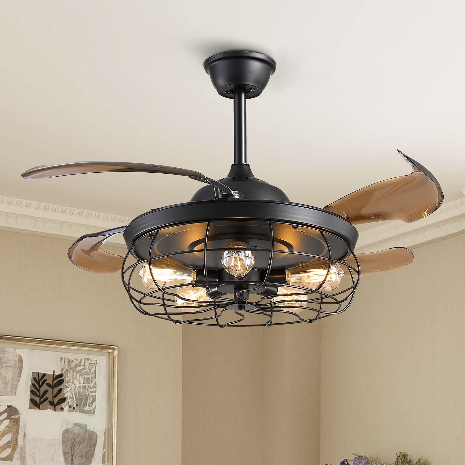 APBEAMLighting Retractable Industrial Ceiling Fan Light Caged Ceiling Fan Chandelier Vintage Fandelier Reverse Blades with Remote Control for Living Dining Room Bedroom Black 42 Inches