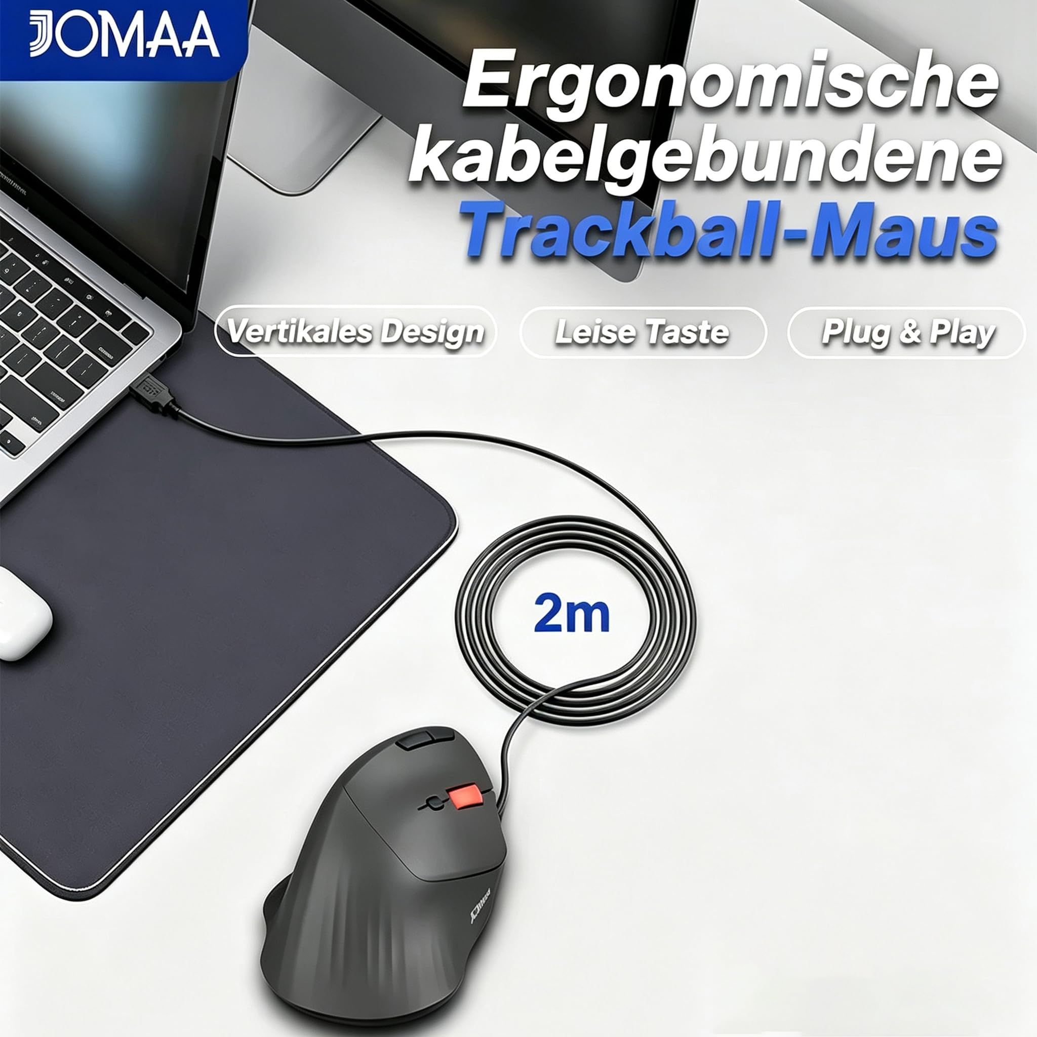 JOMAA Souris trackball filaire - Design ergonomique avec 6 boutons et commutateur CPI (400/800/1200/1600 CPI) - Affichage LED rouge - Taux de requête 250 Hz - Pour PC, ordinateur portable, ordinateur