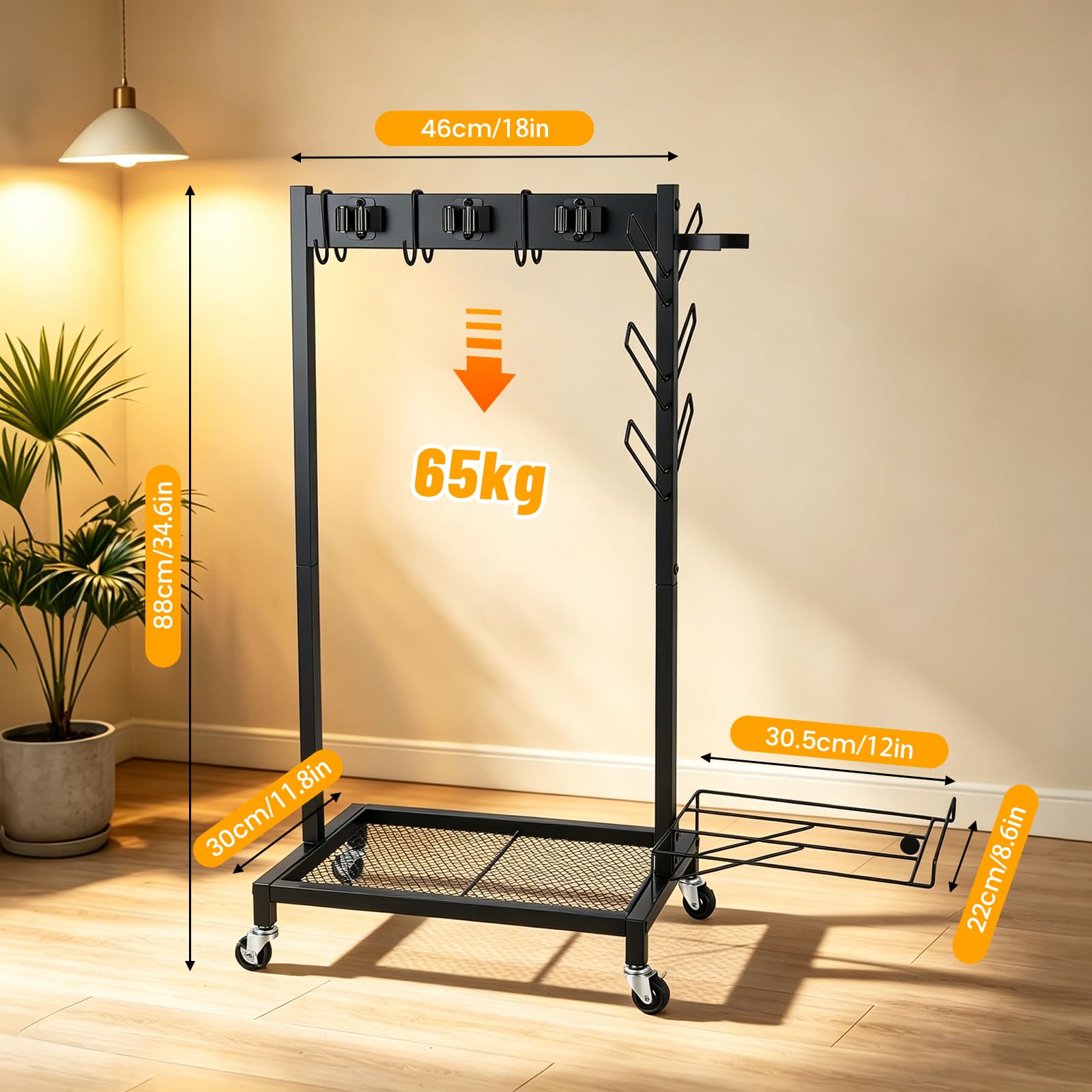 Reinigungswagen Besenhalterung, Rechteckig Besenhalter, Gartengeräte Organisator, mit Spezialhalterung für Staubsauger, mit 4 Rollen, 3 Haken und 6 Schlitze, für Waschküche, Reinigungszubehör, Küche