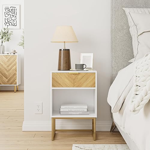 Miniatura 5 de Masupu Mesita de noche, mesa auxiliar de cama, moderna mesita de noche de madera bohemia con cajón de almacenamiento, mesa auxiliar para dormitorio,