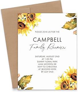 Personalized Family Reunion Invitation Cards With Sunflowers, Rustic Invitations For Gathering Fun Invites, Family Picnic Invitations With Envelopes, Your Choice of Quantity and Envelope Color