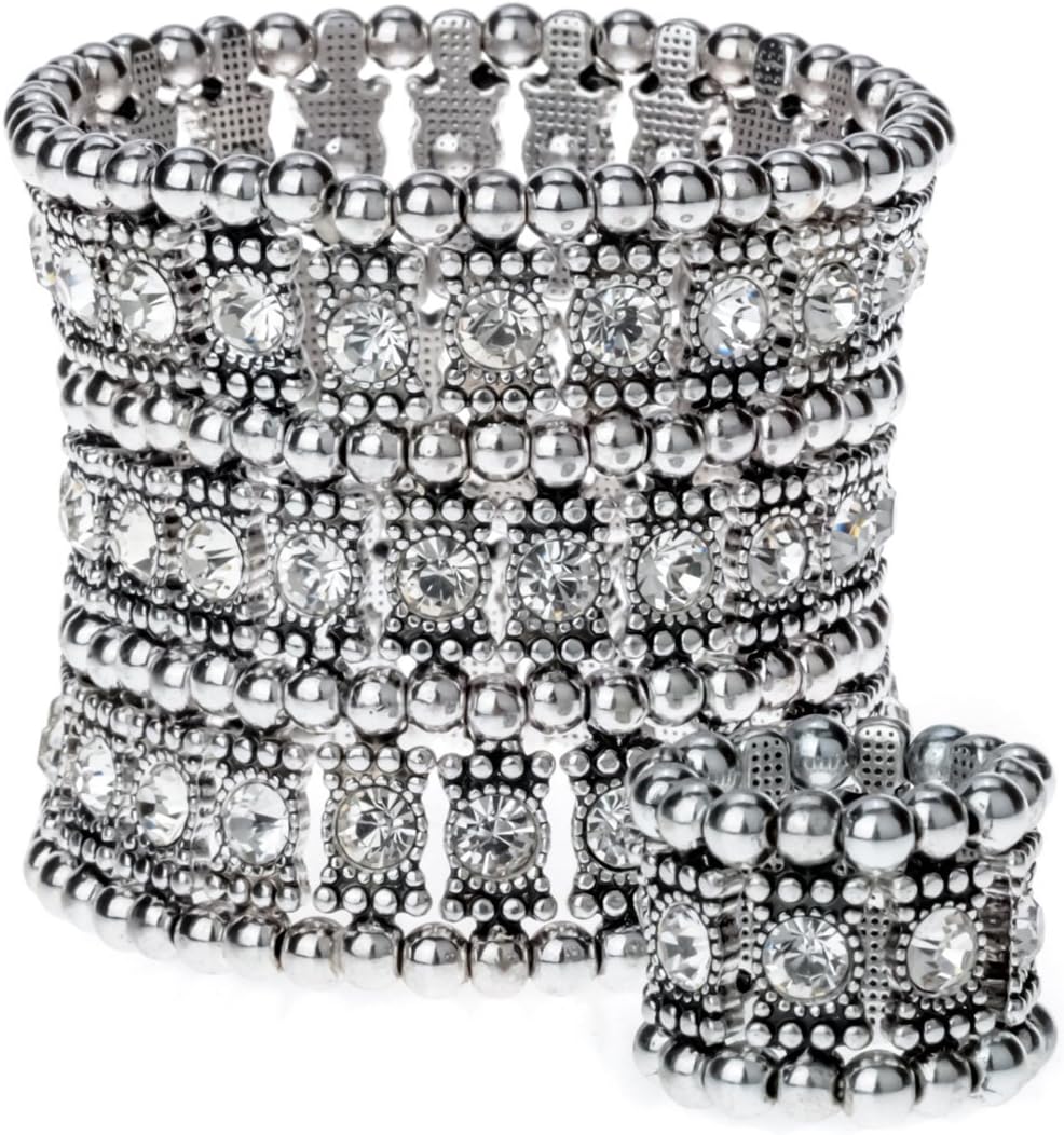 YACQ Women's Multilayer Wide Stretch Cuff Bracelets Fit Various Wrist Sizes - Soft Elastic Band - Lead & Nickle Free
