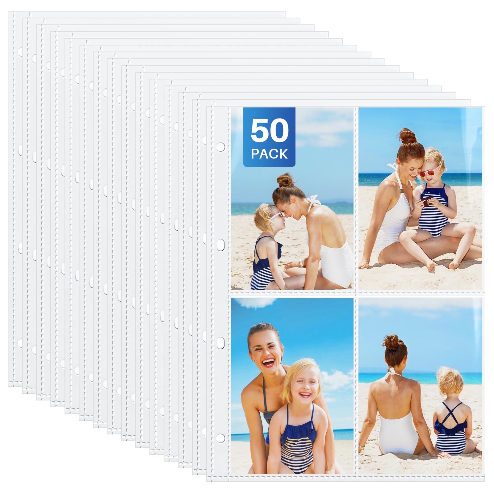 WenYa 50-Pack A4 4-Pocket Photo Sleeves for 4x6 & 6x4 Pictures, Top-Loading Clear Punch Pockets for 2/3/4 Ring Binder, Holds 200/400 Items Total - for Photos, Recipes, Inserts