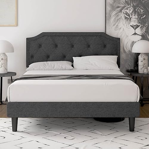 Einfach - Base de cama tamaño matrimonial plataforma tapizada con soporte de listones de madera resistente no necesita somier fácil montaje gris