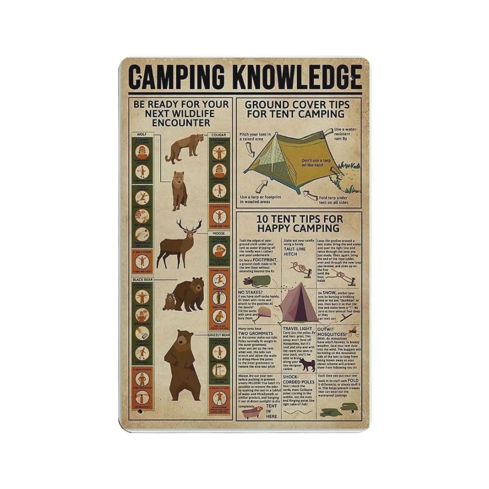 rayprint Camping Knowledge Poster Metal Tin Sign Art Wall Plaque Decor Vintage Retro Sign Iron Painting Aluminum Sign for Home Decor Bar Shop Men Cave Outdoor Garage Indoor 12"x8"