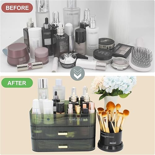 Miniatura 9 de Organizador de maquillaje con 2 cajones, organizador de cosméticos para encimeras de tocador de dormitorio y baño, caja de almacenamiento de