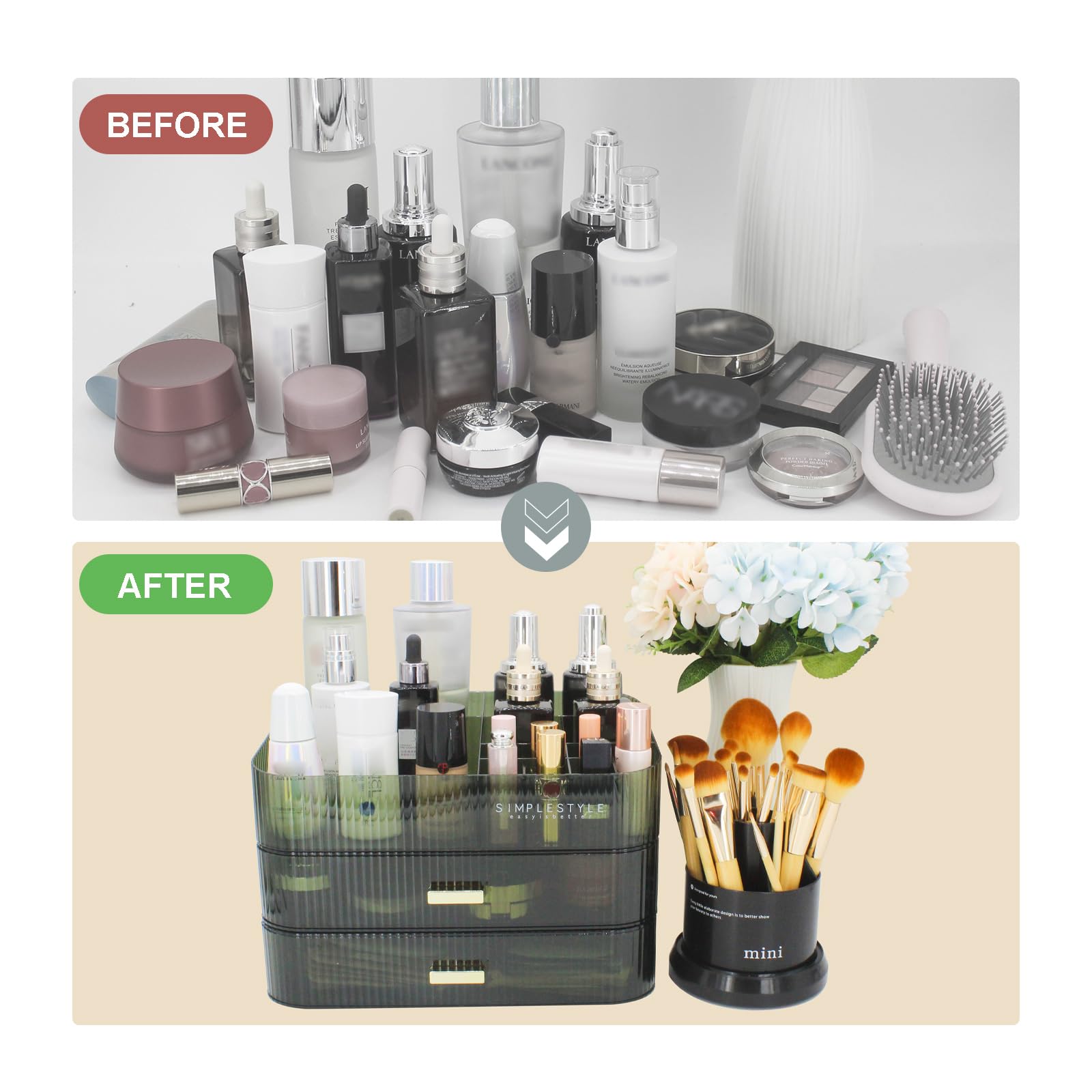 Organisateur de maquillage avec 2 tiroirs, organisateur de cosmétiques pour chambre à coucher et salle de bain, plan de travail vanité, grande capacité, boîte de rangement pour soins de la peau,