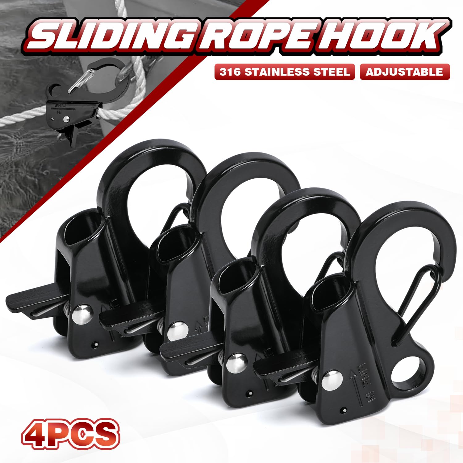 Xxamz 2 Pack Black Stainless Steel Adjustable Line Length Sliding Rope Hook Boat Yacht Quick Release Clip Boat Bumper for Boat Docking